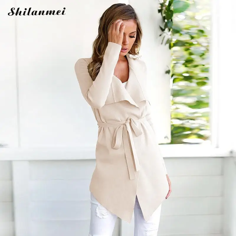 

Women Lapel Belt Trench Coat Elegant Lace Up Woolen Long Cardigan Overcoat 2019 Spring Autumn Fashion Windbreaker Outerwear