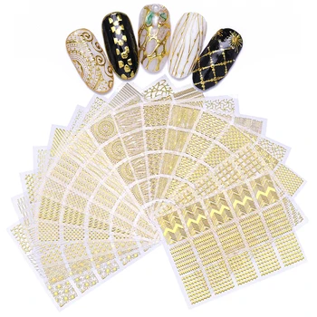 

3D Nail Art Sticker Vinyls Geometric Pattern Heart Star Stripes Wave Adhesive Transfer Stickers Gold