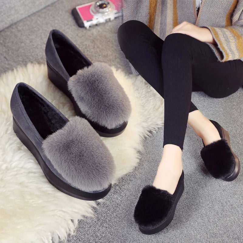 

EOEODOIT Women Autumn Winter Fur Shoes Slip On Round Toe Platform Elevator Flats Shoes 2019 New Loafers