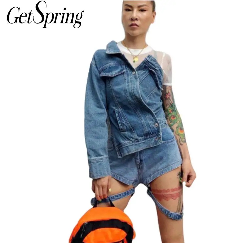 

GETSPRING Women Sets Asymmetrical Long Sleeved Split Denim Jacket With Sexy Denim Shorts 2 Pcs Set Fashion Two Piece Shorts Set