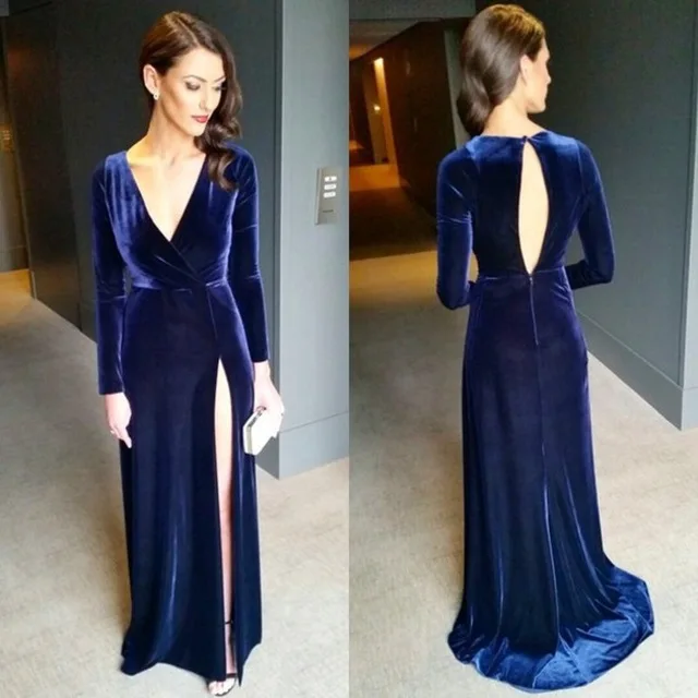 Woman Formal Evening Dress Long Sleeve V_neck Keyhole Back High Slit Sexy Vestido De Elegant Robe Soiree 2016 | Свадьбы и торжества
