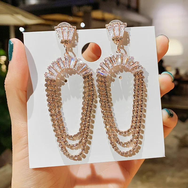 Super Flash Rhinestone U-shaped earrings European and American fashion exaggerated temperament long tassel | Украшения и