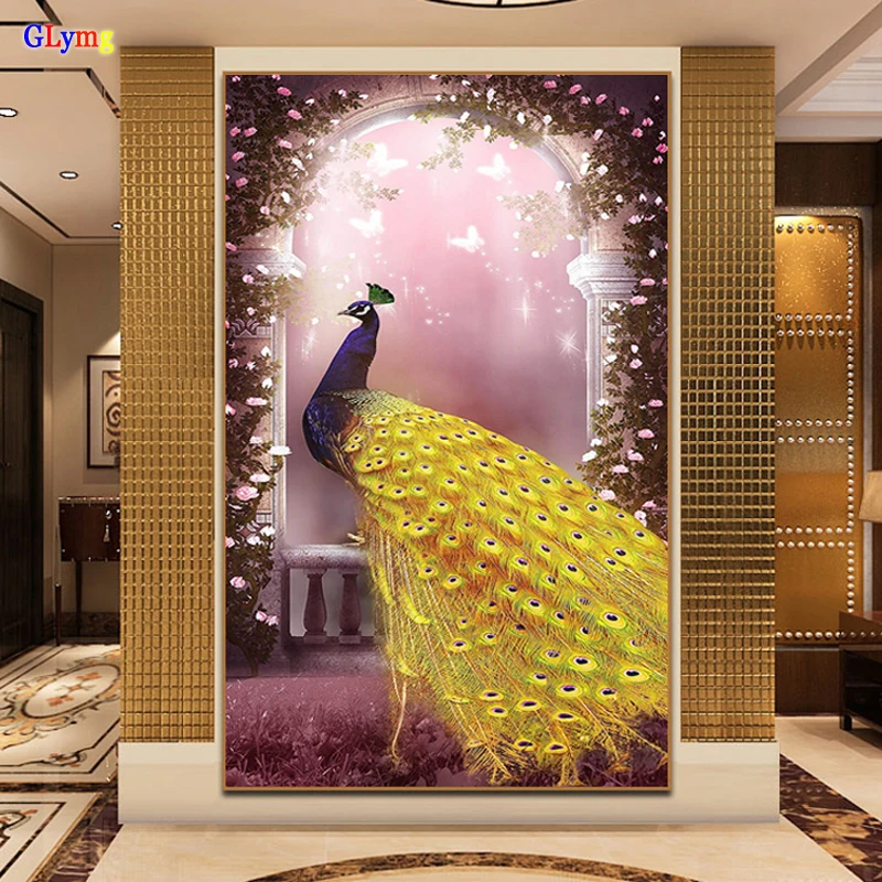 GLymg New Diy Peacock Diamond Embroidery Vertical Engraving Diamond Painting Cross Stitch Shaped Round Full Entrance Home Decor