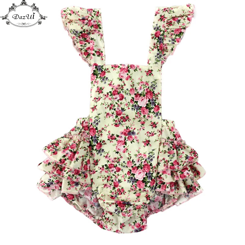 Vintage Summer Woven Floral Baby Bubble Romper Flutter Sleeve Ruffle Baby Girls Playsuit