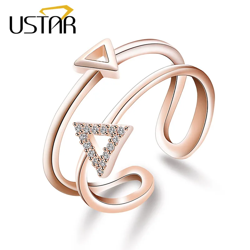 USTAR, двухслойные кристаллы, треугольные Свадебные Кольца для женщин, AAA циркон, кольца на палец, Женские Ювелирные изделия, открытие, регулируемый размер