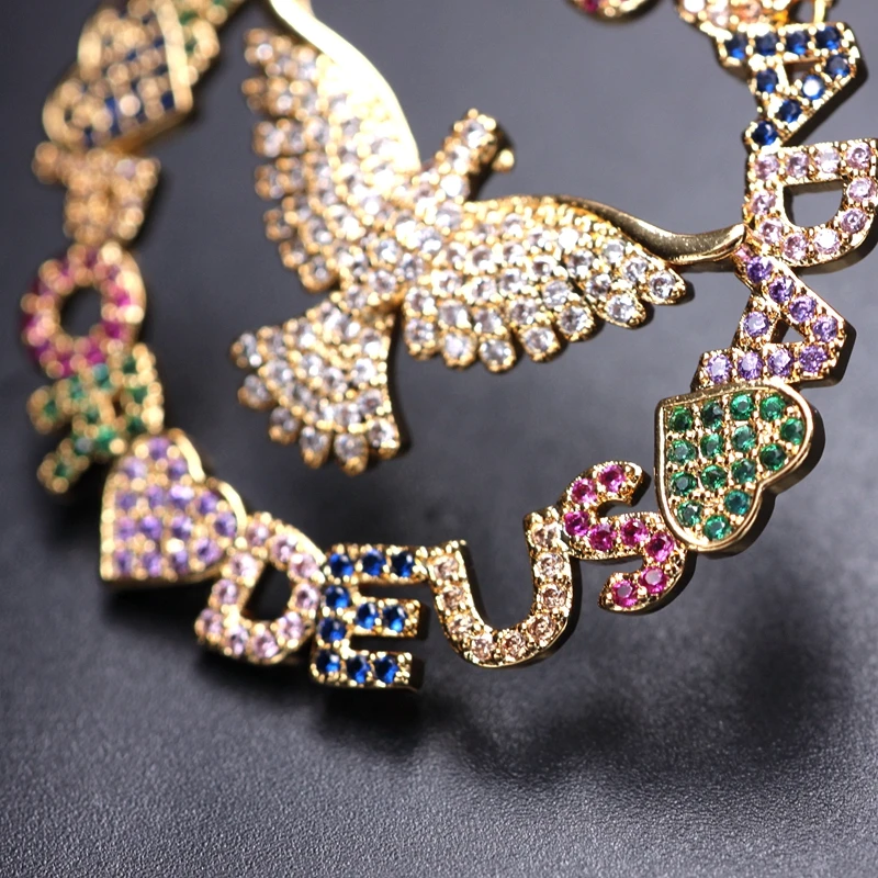 Big round Pendant Necklaces Full Paved Colorful Cubic Zirconia Heart Letter Eagle Gold Chain women boho party Necklace Wholesale