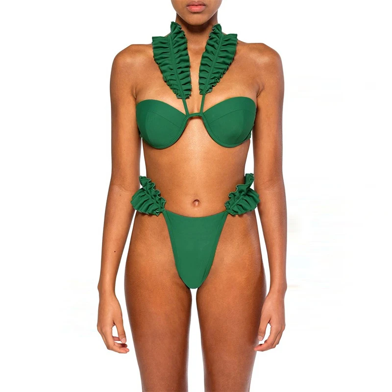 

Swimsuit Brazilian Biquini New Sexy Green Ruffles Straps Swimwear Women Bikini 2019 New Arrival Beachwear Low Waist