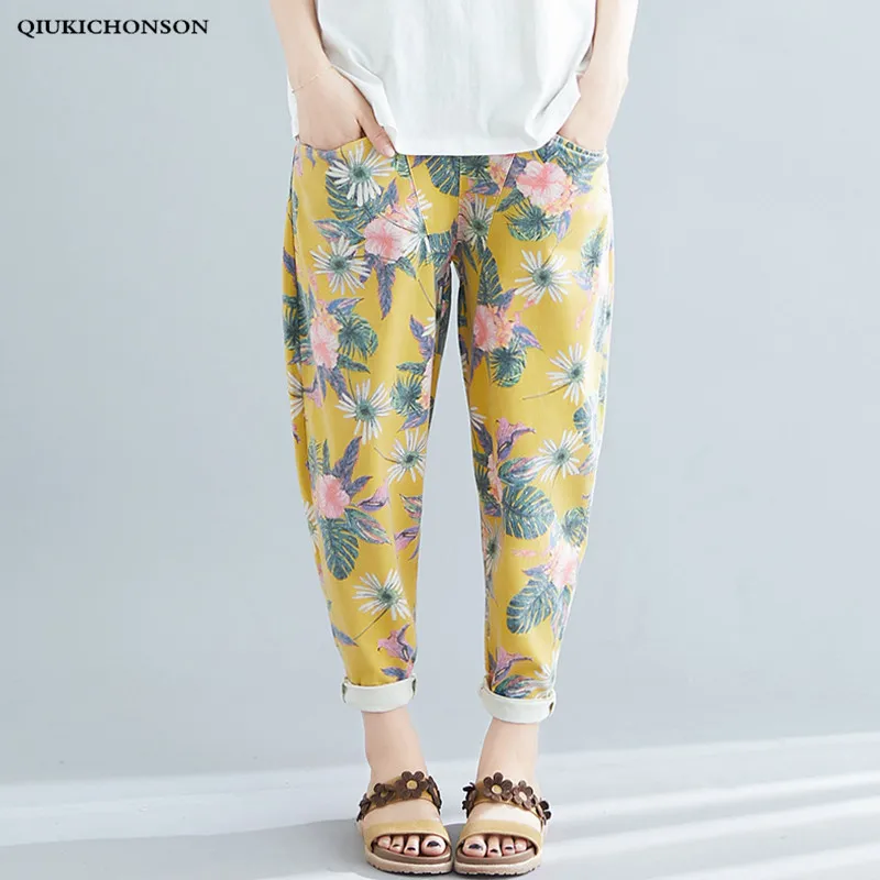 

Spring Summer Literary Fresh Flower Print Yellow Pants Women Elastic Waist Jeans Casual Loose Harem Pants Plus Size Trousers
