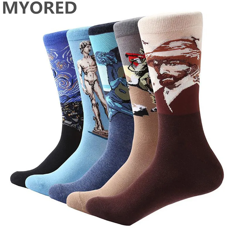 

MYORED 5 pair/lot men socks Colorful Van Gogh Retro Oil Painting cotton crew socks men's casual dress wedding gift party socks