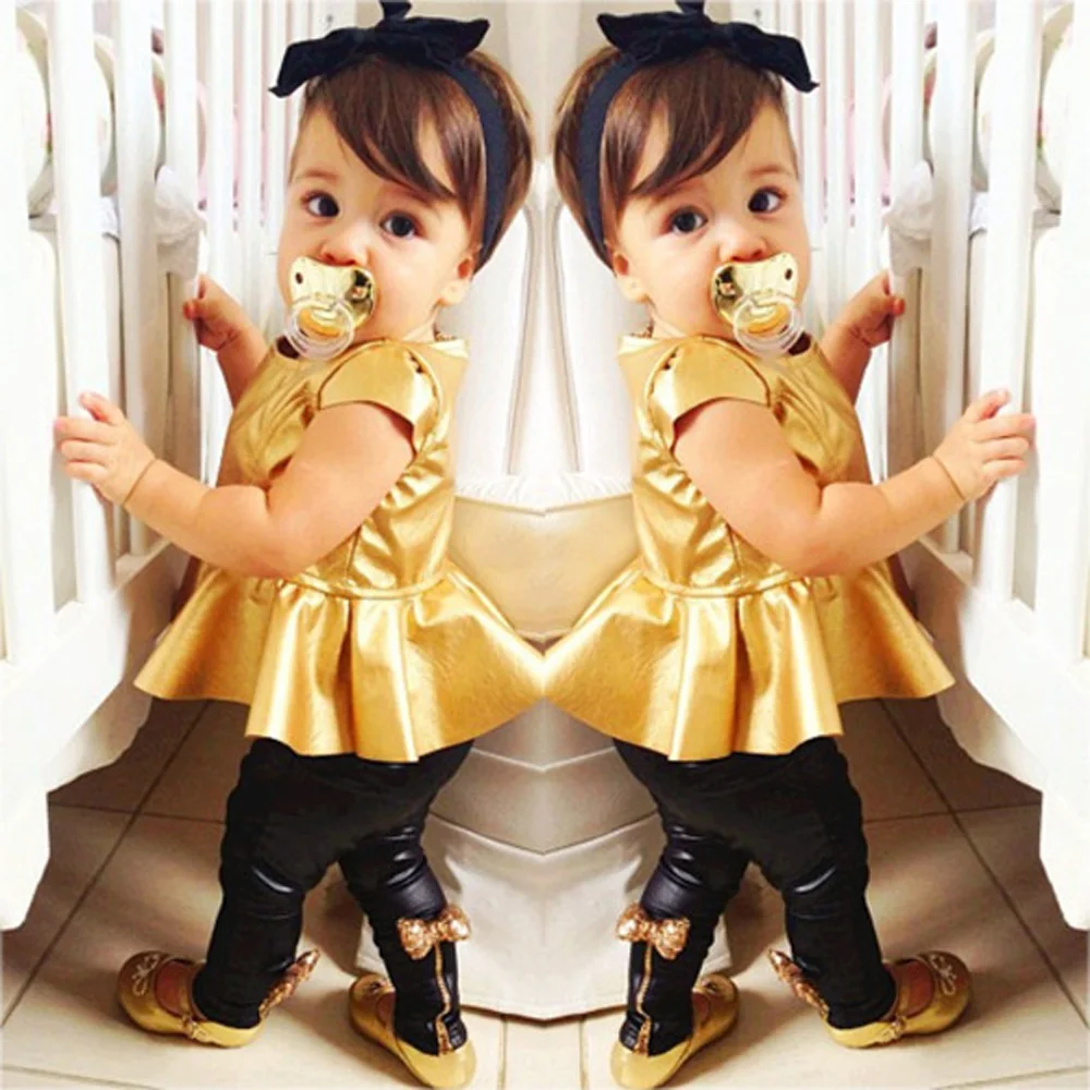 

2pcs Girls Kids Clothing Golden Short Sleeve High Waist Blouser Leisure Suit Clothes Sets Suits Toddler Girls Clothes