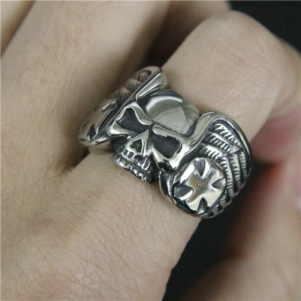 

New Fashion Cross Skull Ring 316L Stainless Steel Mens Ring Cool Party New Wings Skeleton Ring