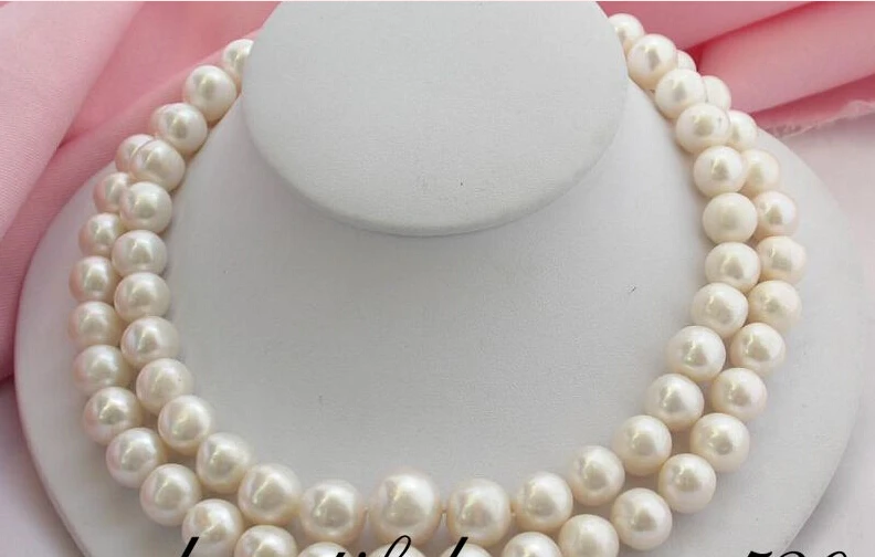 

z2006 HUGE 2row 14mm round white freshwater pearl necklace AAA