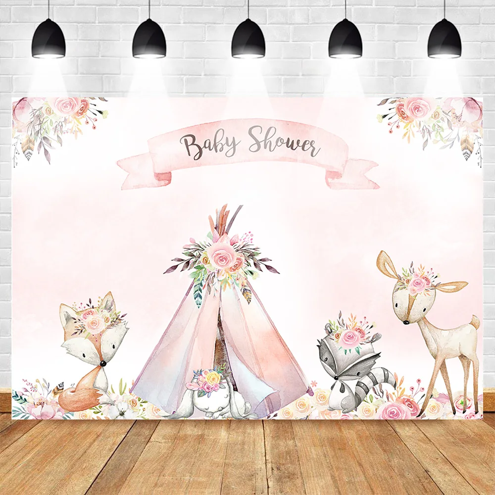 

Mehofoto Woodland Baby Shower Birthday Backdrop Flower Boho Teepee Photography Backdrop Fox Woodland Newborn Baby Birthday Party
