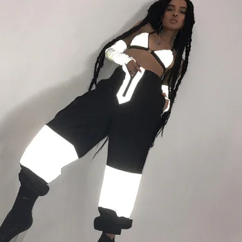 

Flash Reflective Jogger Cargo Pants 2018 Autumn Winter Women Casual Gray Solid Patchwork Streetwear Trousers Nightclub