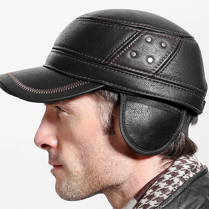 

Fashion Men's Warm PU Leather Baseball Caps Middle-aged Elderly Winter Large Flat Top Plus Velvet Hats Ear protection Hat