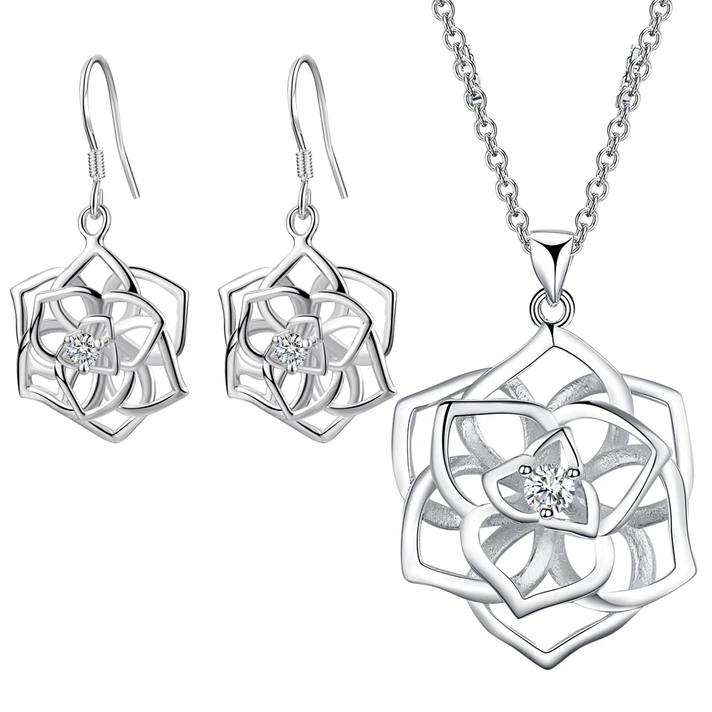 

2016 New Silver Flower Pendant Necklace & Earring Fashion Jewelry Set with Zircon Pretty cute woman gift good quality