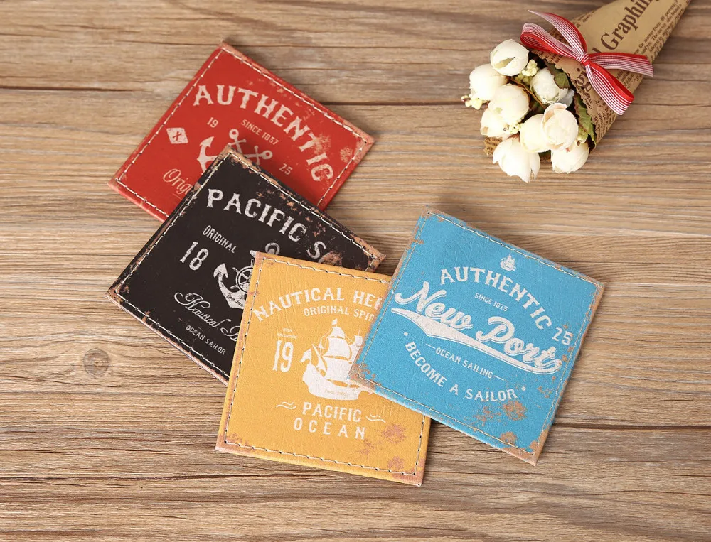 

LINKWELL Set of 4 10x10cm Vintage Authentic Pacific Soul Anchor PU Leather Round Bar Coaster Table Cup Holder Drink Placemat Mat