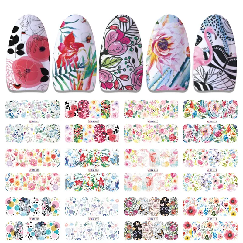 

12Designs/Sheet Water Decals Transfer Nail Art Stickers Slider Full Cover Tips Flowers Flamingo Stickers Manicure Drop Shipping