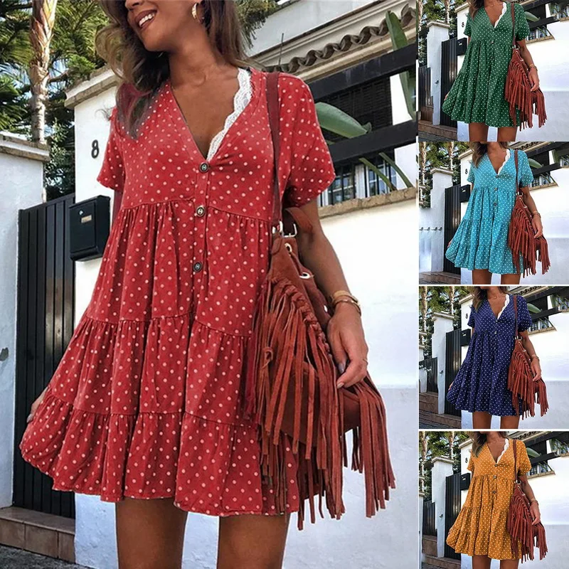 

Drop shipping HEFLASHOR Women's Short Sleeve V-neck Short Sleeve Cotton Print Polka Dot Dress