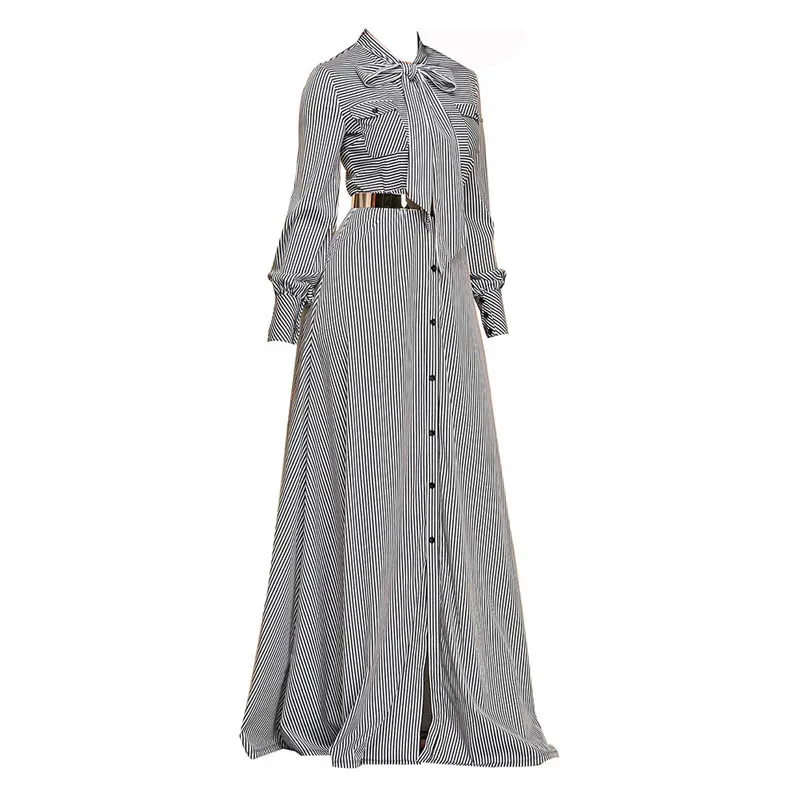 Wonder 2018 new autumn Striped Floor-length Bowknot Tie Long Sleeve Loose Button Dress Spring Pocket Elegant A-line Long Dress