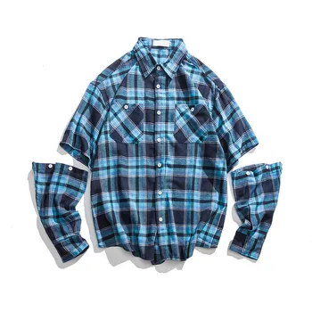 

Japanese Harajuku Button Up Detachable Long Sleeve Shirt for Men Urban Boys Hip Hop Streetwear Geometric Plaid Shirts Oversized