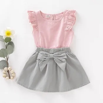 

2Pcs/Set Summer Baby Girls Flare Sleeve Cotton T-shirt Blouse+Bowknot Design Short Skirts Casual Outfits Set
