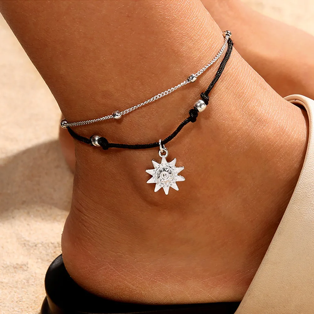 

2018 High Quality Fashion Gift Double Chain Sun Anklet Jewelry Beach Section Anklets Beads Boho Foot Gothic Bo Dropshipping