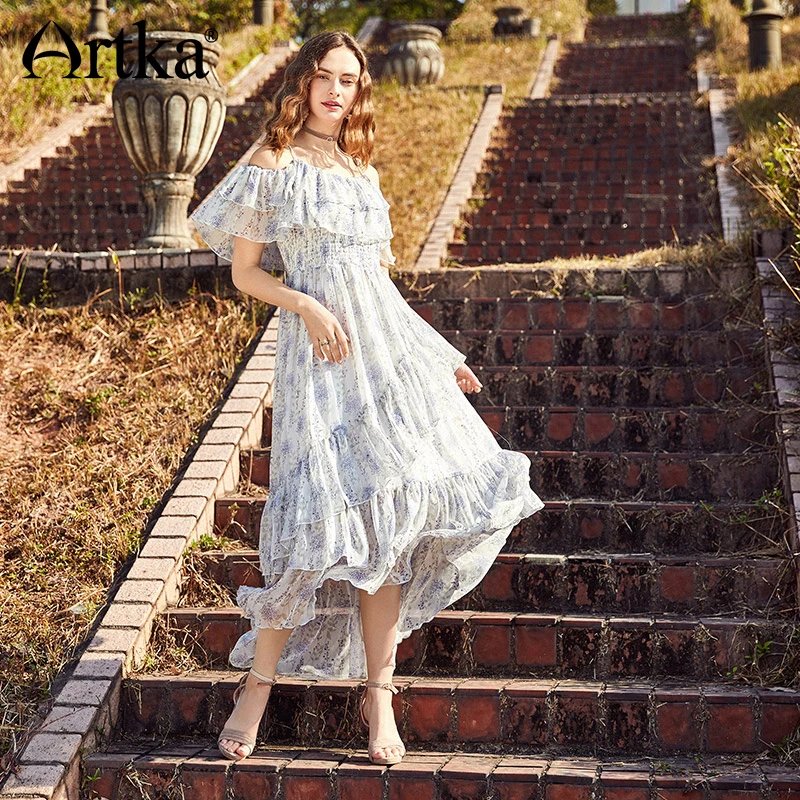 

ARTKA 2018 Summer New Women Ruffles Strapless Big Swing Elastic High Waist Floral Print Irregular Long Dress for Women LA10580X