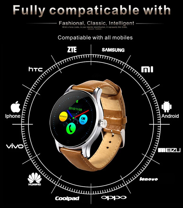 Оригинальный K88H Smart Watch 1,22 дюймов ips круглый Экран MTK2502C Поддержка монитор сердечного ритма Bluetooth SmartWatch для IOS Android