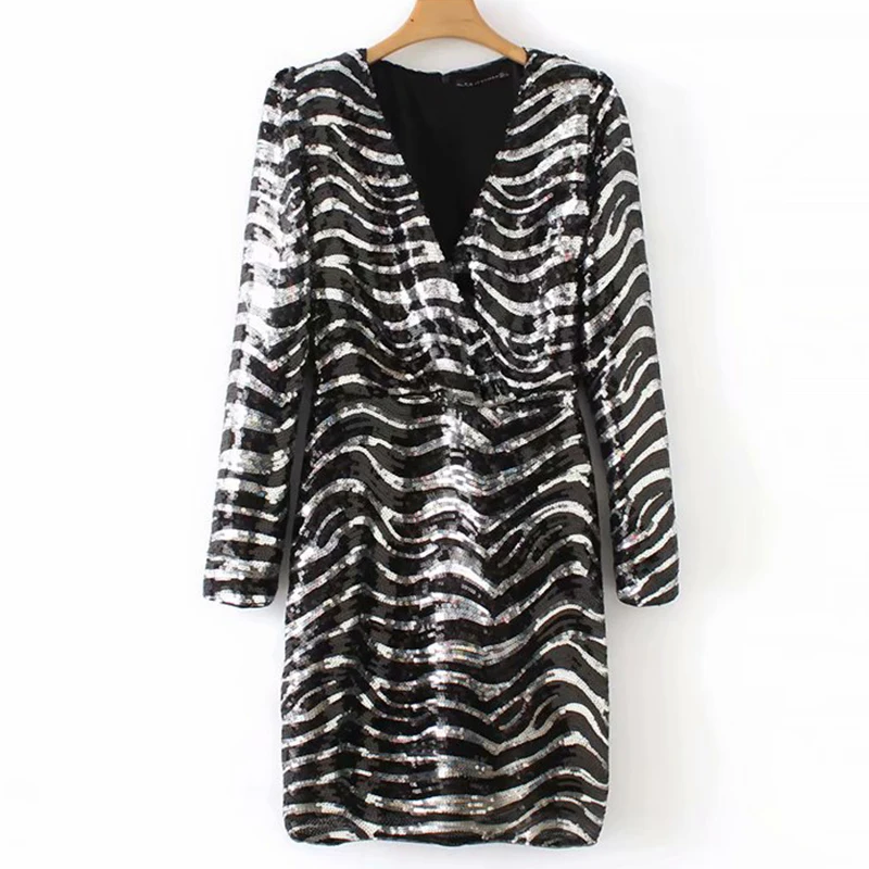 Women's Clothing Dress 2019 Zebra Pattern Sequined Decoration V-Neck Dress Ms Summer Sexy Street Slim Fit Temperament Clothing