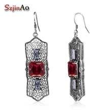 Szjinao уникальный Европейская мода, человечек в ретро-стиле женские длинные серьги красный камень 925 стерлингового серебра с украшением в виде кристаллов изысканные серьги