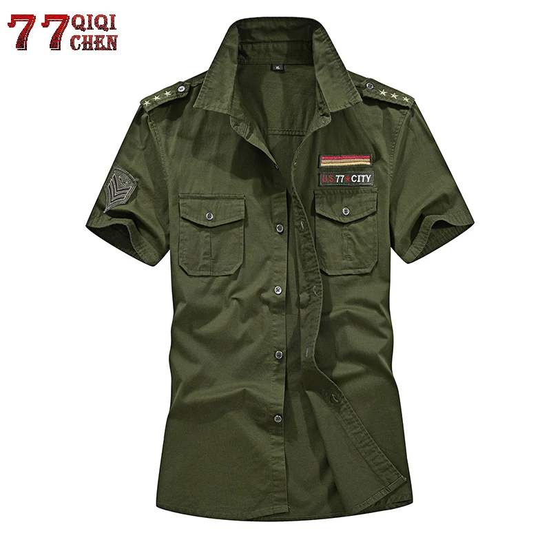 QIQICHEN عالية الجودة 2018 الصيف العسكرية قمصان الرجال القطن قصيرة الأكمام عارضة سليم صالح سلاح الجو واحد قميص الرجال زائد حجم 6XL