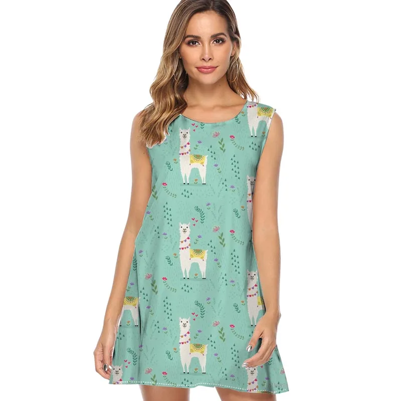 

Festive Llama Cute Print blue Dress Women Fashion Sleeveless Chiffon Summer Dress Ladies Sweet A-line Casual Party Dress