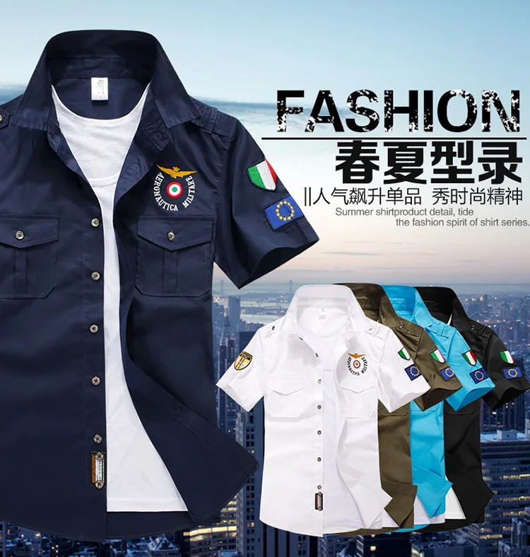 Новая модная мужская рубашка с вышивкой Повседневная тонкая рубашка с коротким рукавом Air Force One Pilot style Young Fashion style