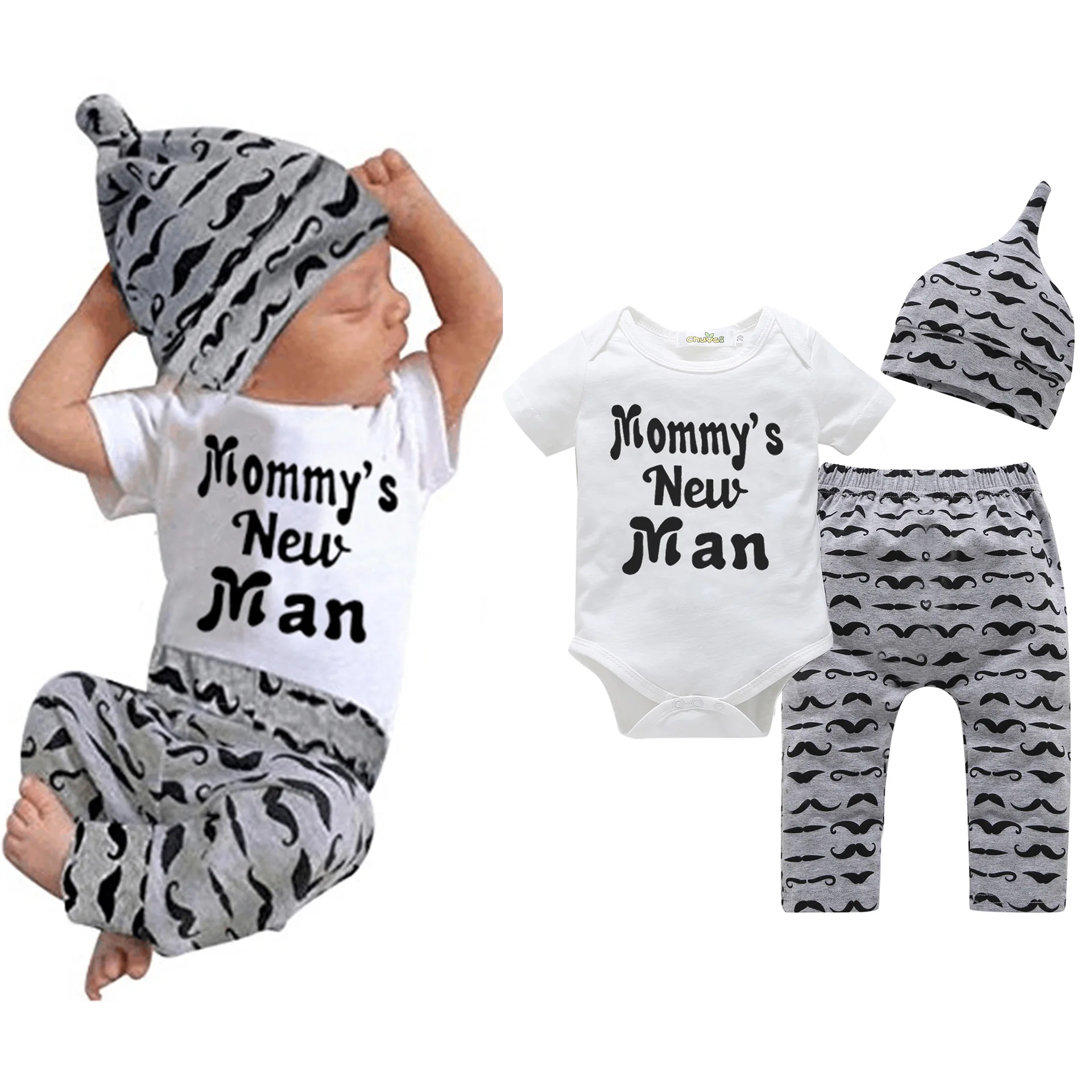 3PCS Newborn Baby Clothing Set Letter Bodysuit+Stripe Pants+Hat Outfits Clothes Mommy's New Man Boys 0-18M |