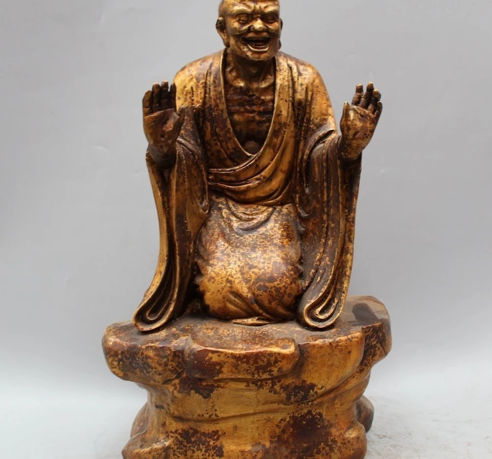 

15" Chinese Buddhism Bronze Gild Eighteen Arhats kneel shaveling Monk Buddha