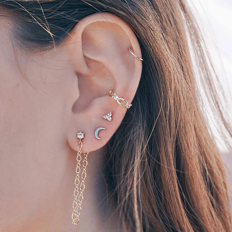 

5Pcs/Set Retro Moon Sun Round Triangle Crystal Geometric Gold Chain Pendant Long Earrings Women Simple Charm Jewelry Accessories