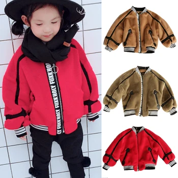 

winter Girls baseball coats outerwear fleece fur jacket for girls with zipper long sleeve O-neck size children jackets coats