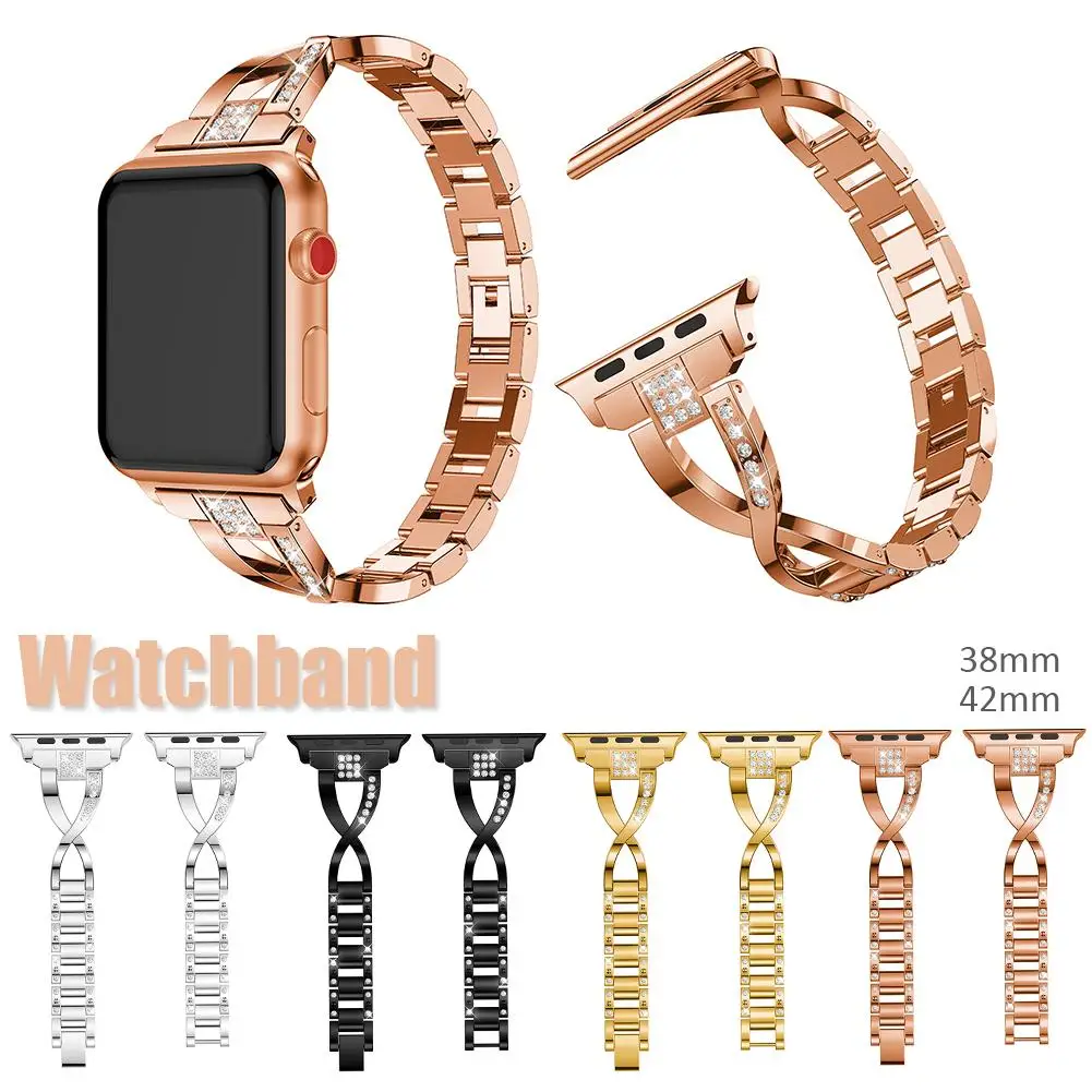 

X-shaped Inlaid Rhinestone Stainless Steel Watchband Alloy Flash Drill Steel Band for Apple Watch