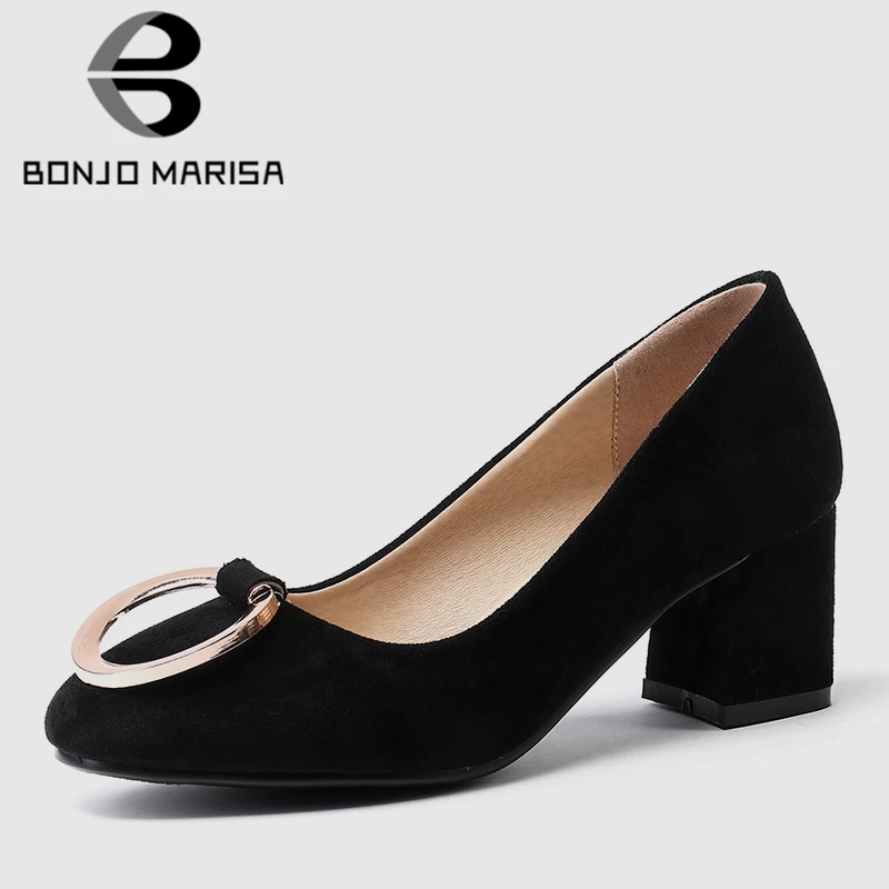 

BONJOMARISA Brand New Big Size 31-43 Metal Decoration Square High Heels Shoes Woman Casual Party Office Spring Autumn Pumps