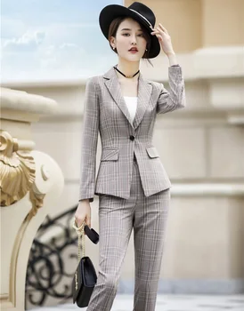 

Fashion Plaid Formal Women Business Suits With Jackets and Pants For Ladies Office 2019 Spring Autumn Professional Pants Suits