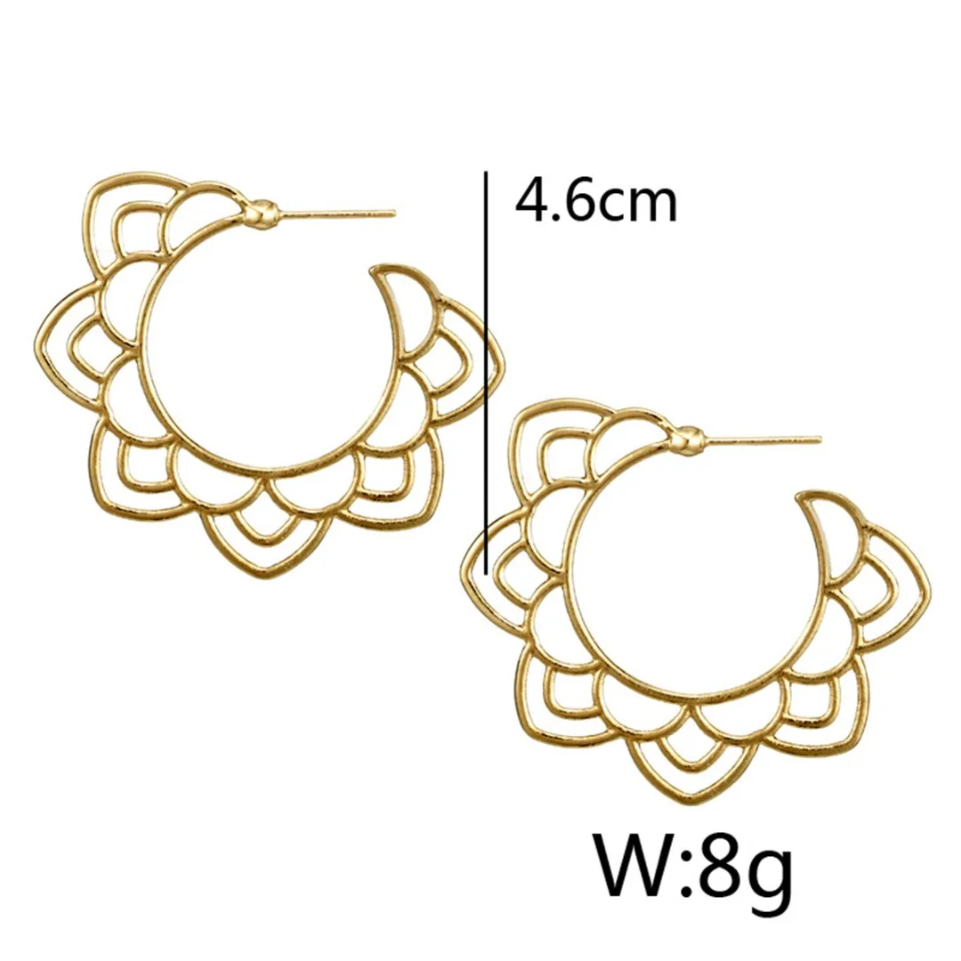 Vintage Ethnic Silver/Gold Color Hoop Earrings Charms Hollow Lotus Flower Earrings Bohemian Womens' Jewelry Accessories Gifts