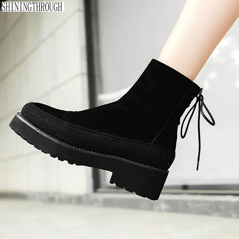 

Suede leather Women ankle boots woman thick high heels platform ladies shoes woman lace up autumn winter boots black gray