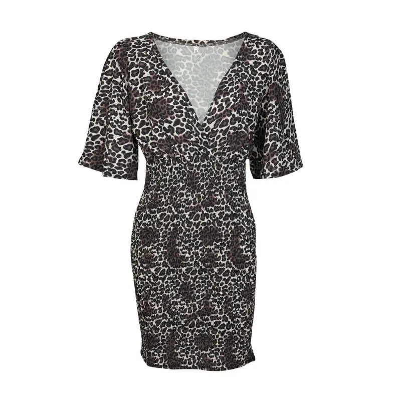 Women Ladies Leopard Print V Neck Short Sleeve Party Holiday Bodycon Wrap Mini Dress Women Ladies Leopard Print V Neck Short Sleeve Party Holiday Bodycon Wrap Mini Dress
