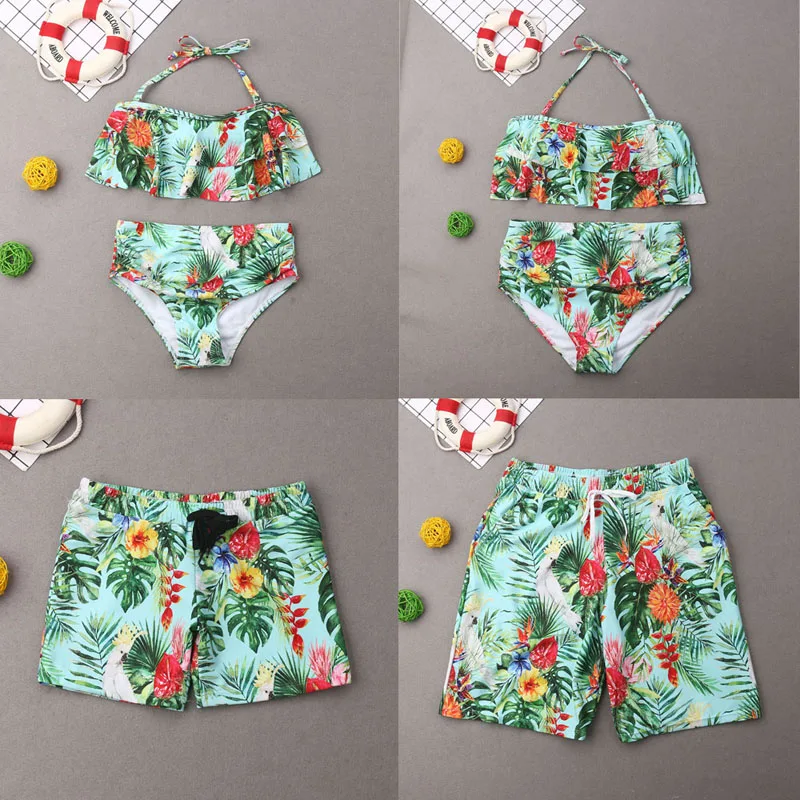 

2019 GLANE summer New trendy halter Family Matching Swimwear Swim Trunks Floral Swimsuit Beachwear Bikini Monokini 2-12T