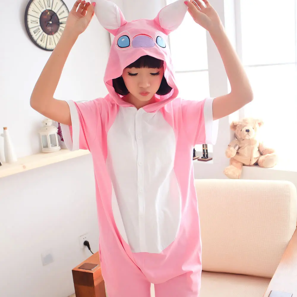 

Women Adult Unisex Summer Pajama Animal Stitch Blue Pink Cosplay Hoodie Cotton Onesies Sleepwear Short Sleeve Costume