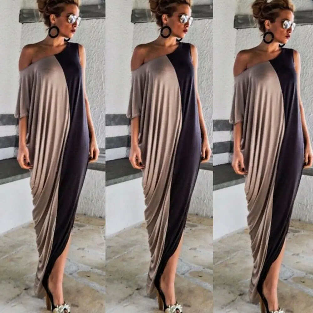 

Women Summer Boho Long Maxi Dress Short Sleeve One Shoulder Sundress Sexy Round Neck Loose Stitching Dress