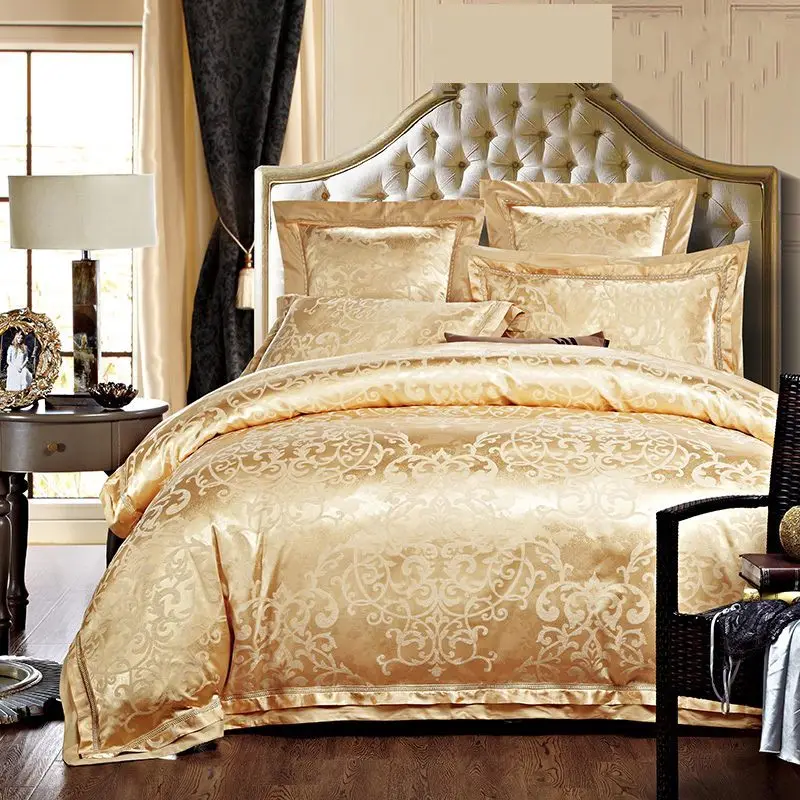 Gold Jacquard Silk Cotton Bedding Set Luxury 4 6pcs Satin Bed Sets