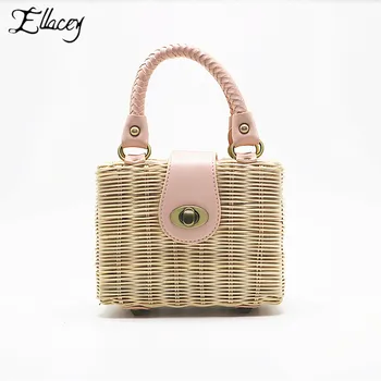 

New 2019 Summer Women Straw Beach Bag Square Handmade Woven Handbags Mini Shape Shoulder Bag Ladies Pink Handle Hand Bags