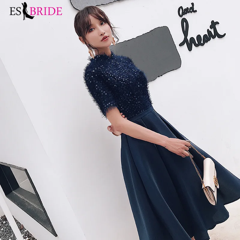 

2019 New Fashion Women Lace Evening Dresses A-Line short sleeve high Neck elegant formal royal blue Party Dress Plus size ES1165
